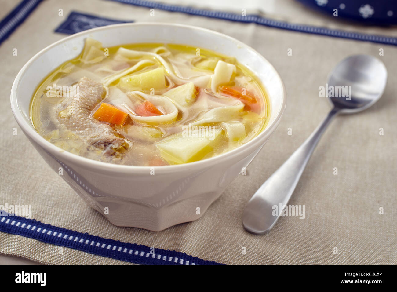 Duck soup with vegetables and pasta Stock Photo