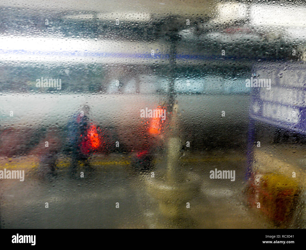 Railway station quay, seen through a fogged train window, Domodossola ...