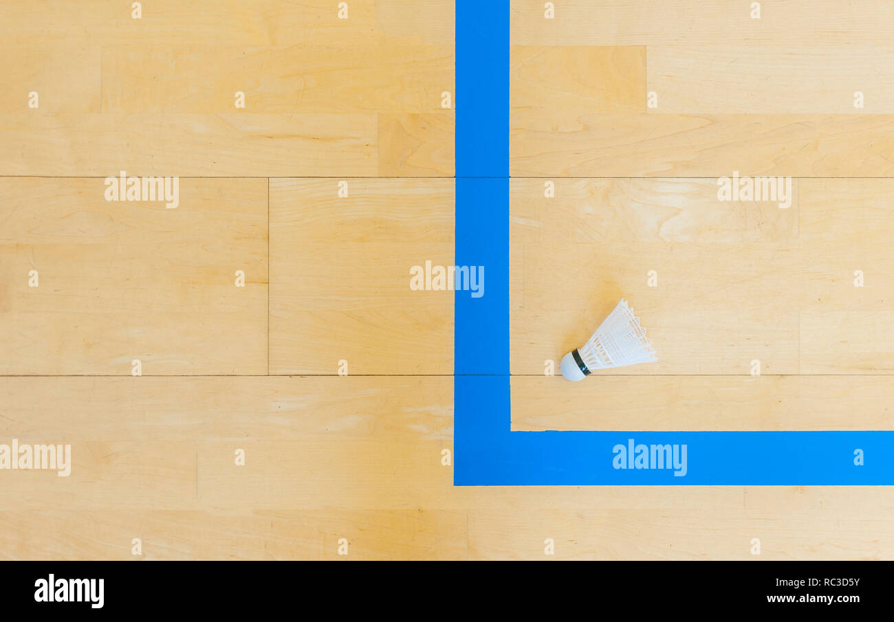 White badminton shuttlecocks and  blue line hall floor at badminton courts. Point moment. Stock Photo