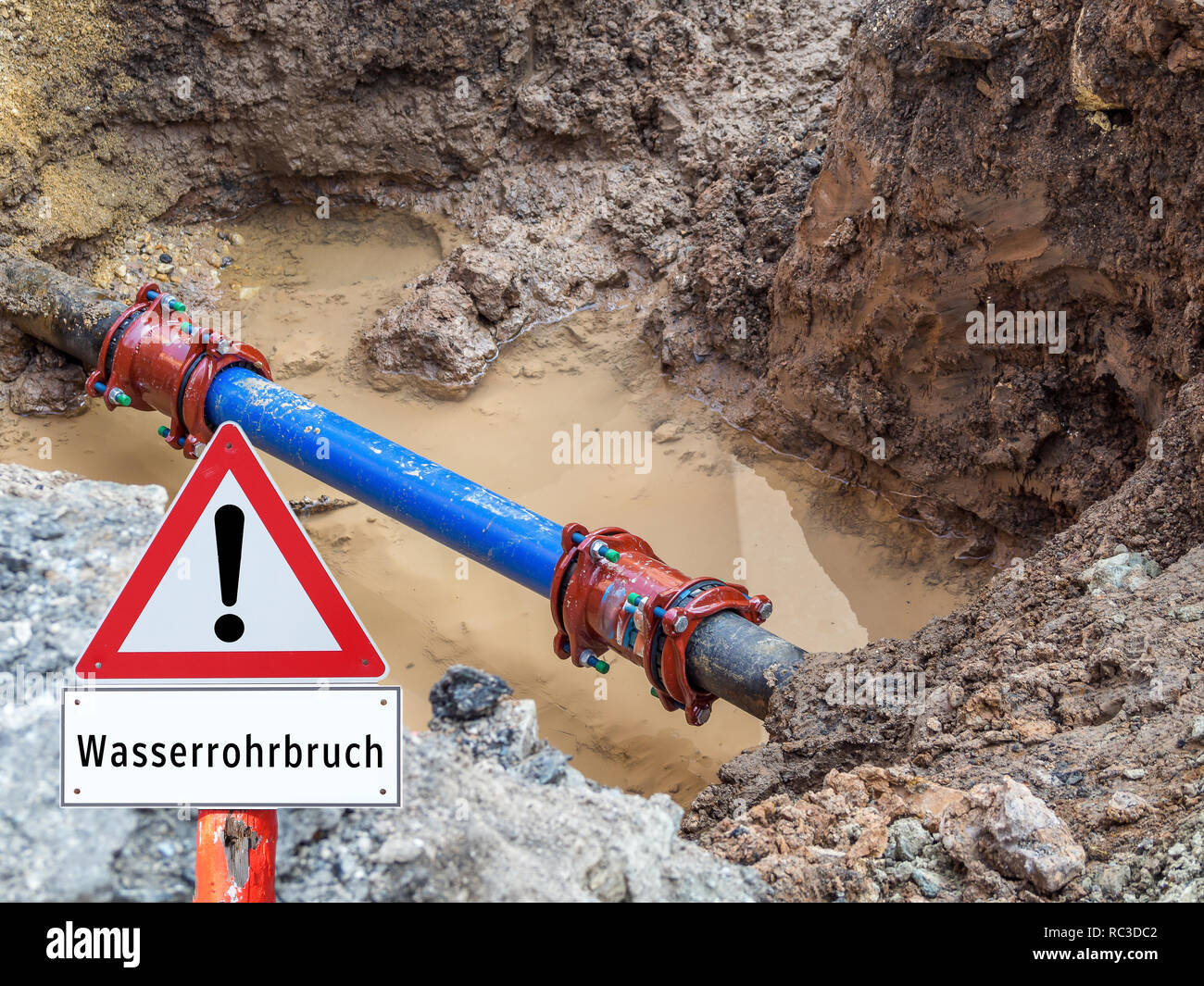 Water pipe breakage sign Stock Photo Alamy
