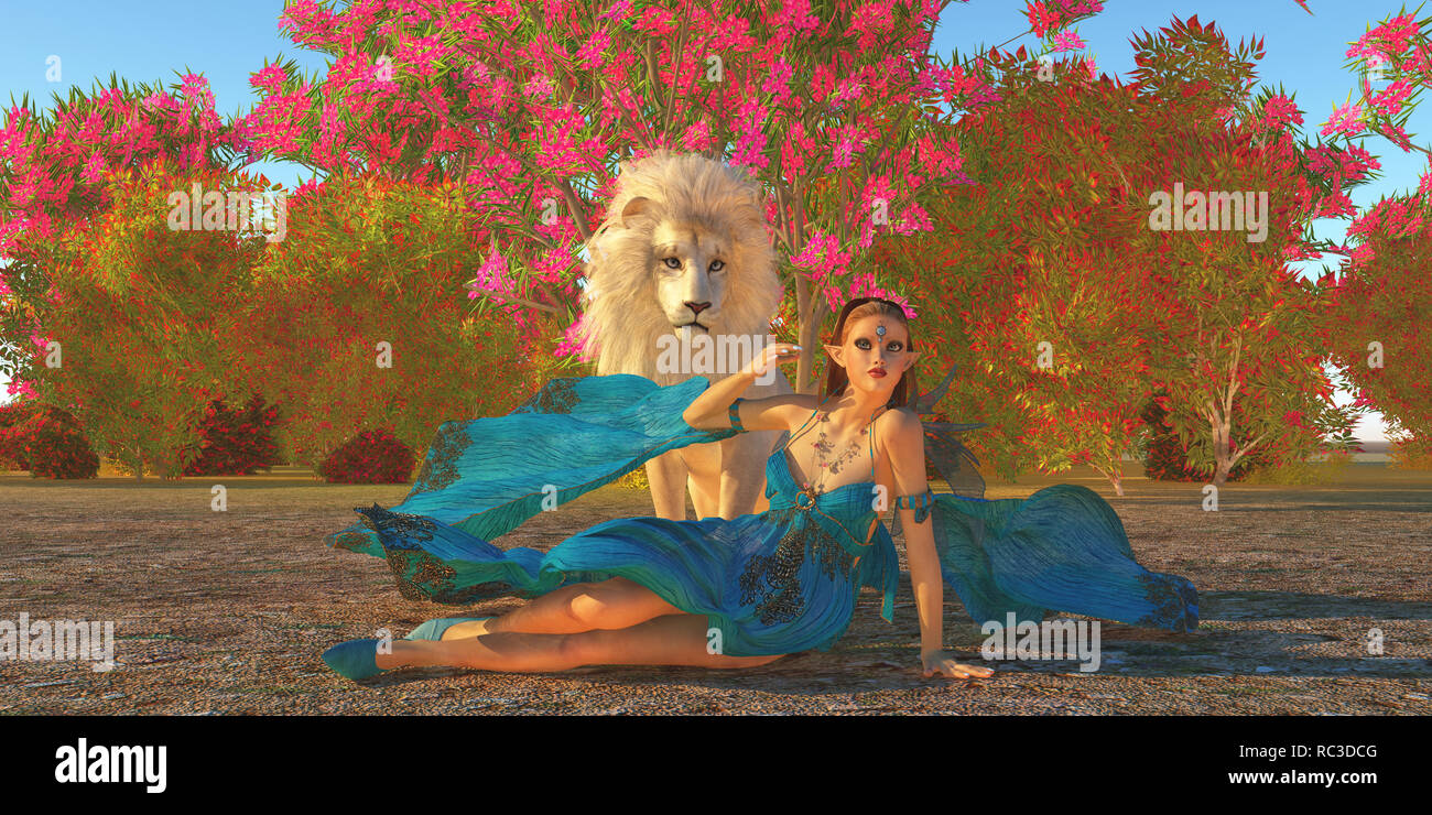 Fairy and White Lion - Fairy Glymmer keeps company with her pet white African Lion among beautiful flowering bushes and trees. Stock Photo