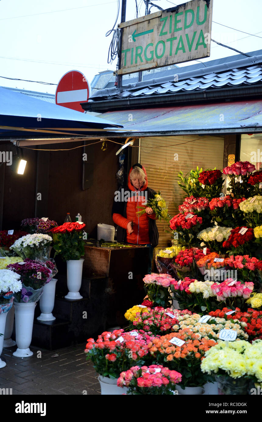 A flower stall outside Riga Central Market (Rīgas Centrāltirgus), Europe's largest market and bazaar, Riga, Republic of Latvia, Baltics, December 2018 Stock Photo