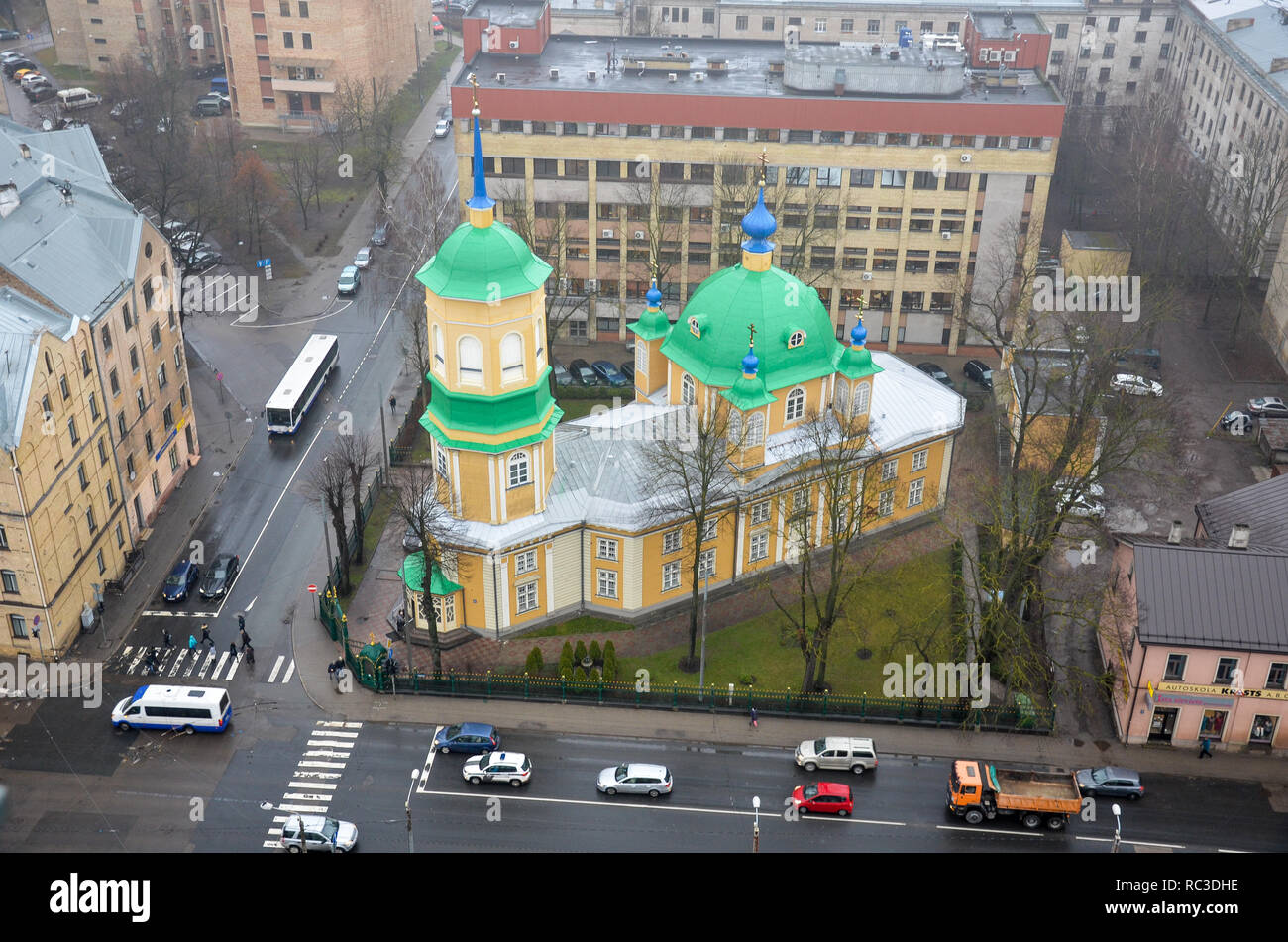 View of an Orthodox Church from the observation deck of the Latvian Academy of Sciences, Riga, Republic of Latvia, Baltics, December 2018 Stock Photo