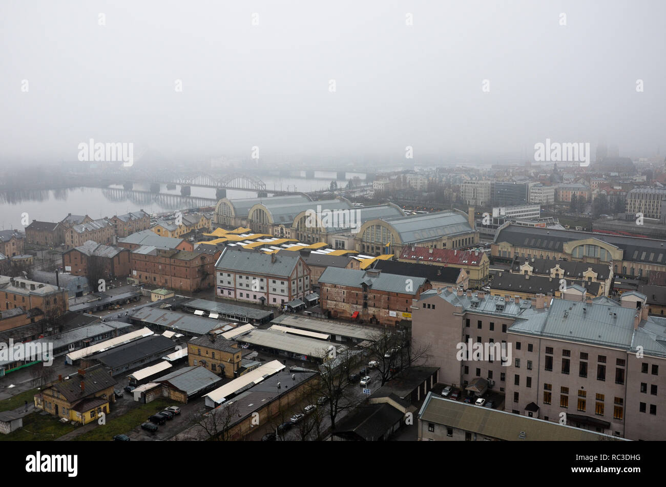 View of Riga Central Market and the Daugava River from the observation deck of Latvian Academy of Sciences, Riga, Republic of Latvia, December 2018 Stock Photo