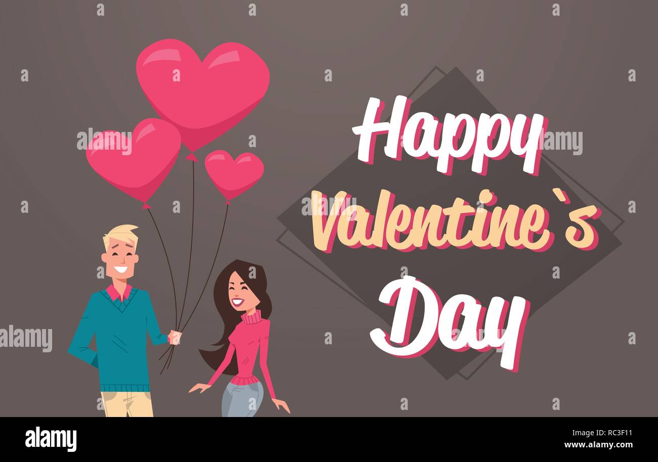 man giving woman pink heart shape air balloons happy valentines day ...