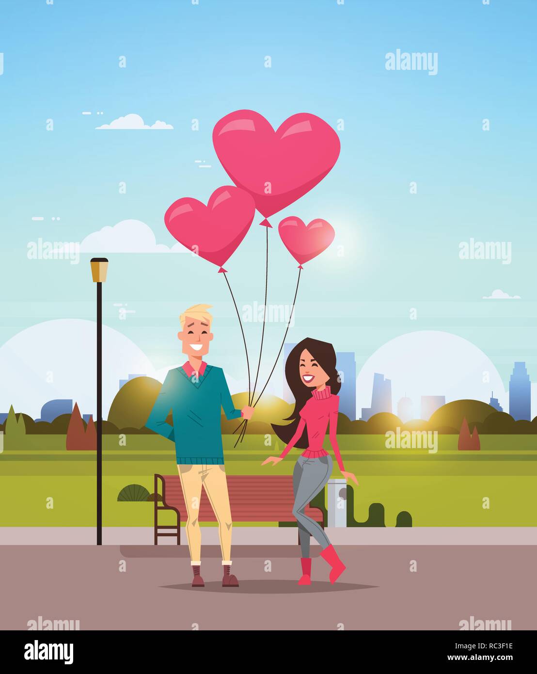 man giving woman pink heart shape air balloons happy valentines day ...