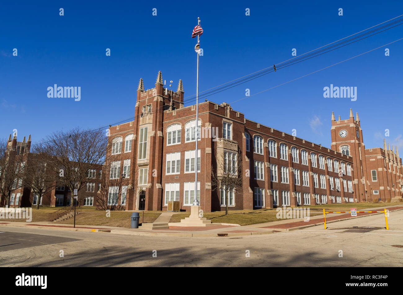 Exterior of LaSalle/ Peru Township High School with brilliant blue ...