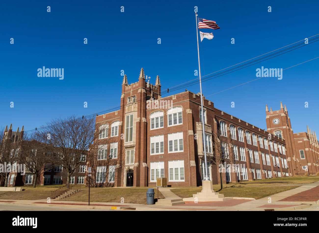 Exterior of LaSalle/ Peru Township High School with brilliant blue