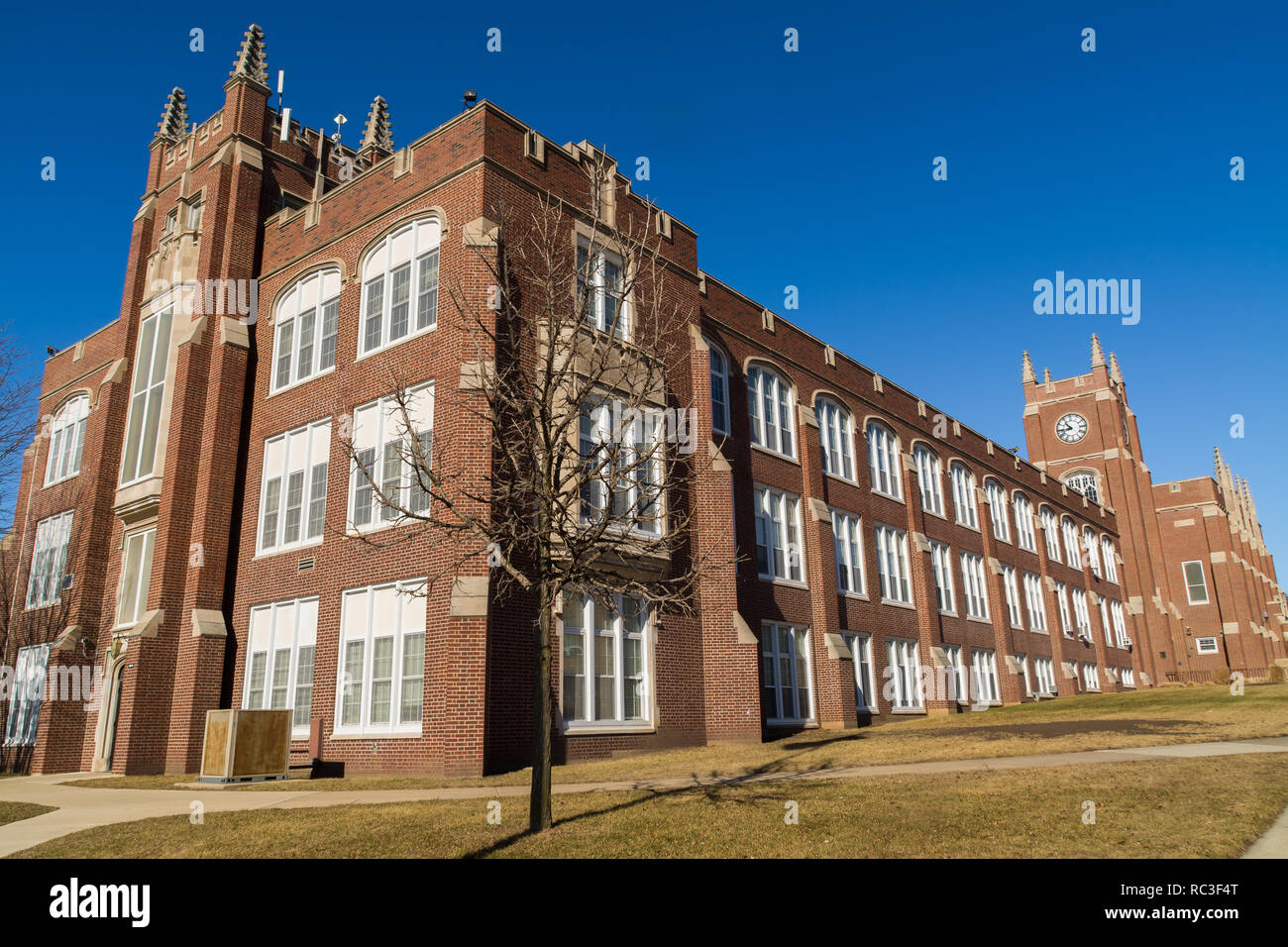 Exterior of LaSalle/ Peru Township High School with brilliant blue