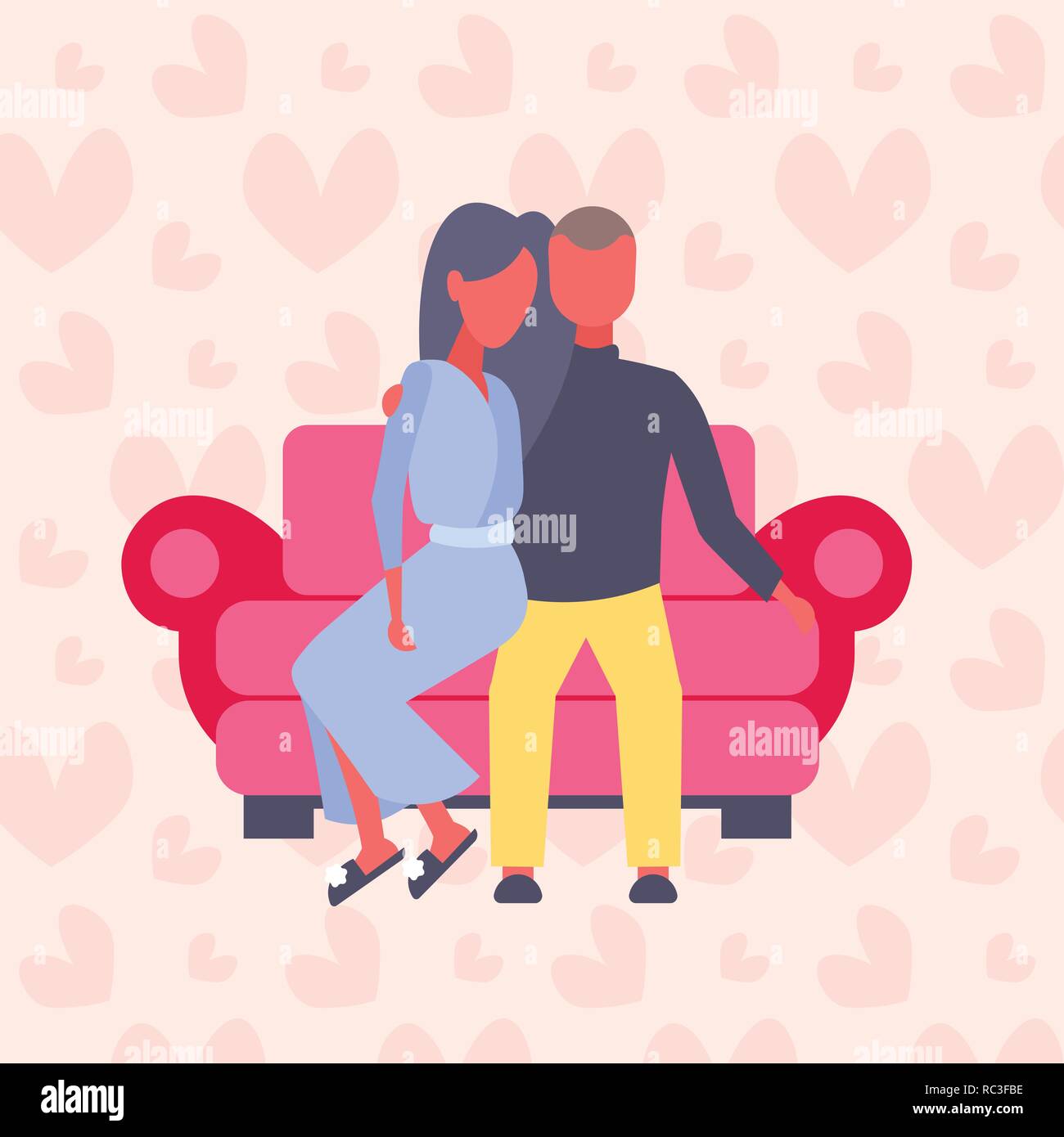 couple in love man woman sitting on couch lovers embracing over heart shapes background happy valentines day holiday celebrating concept flat Stock Vector