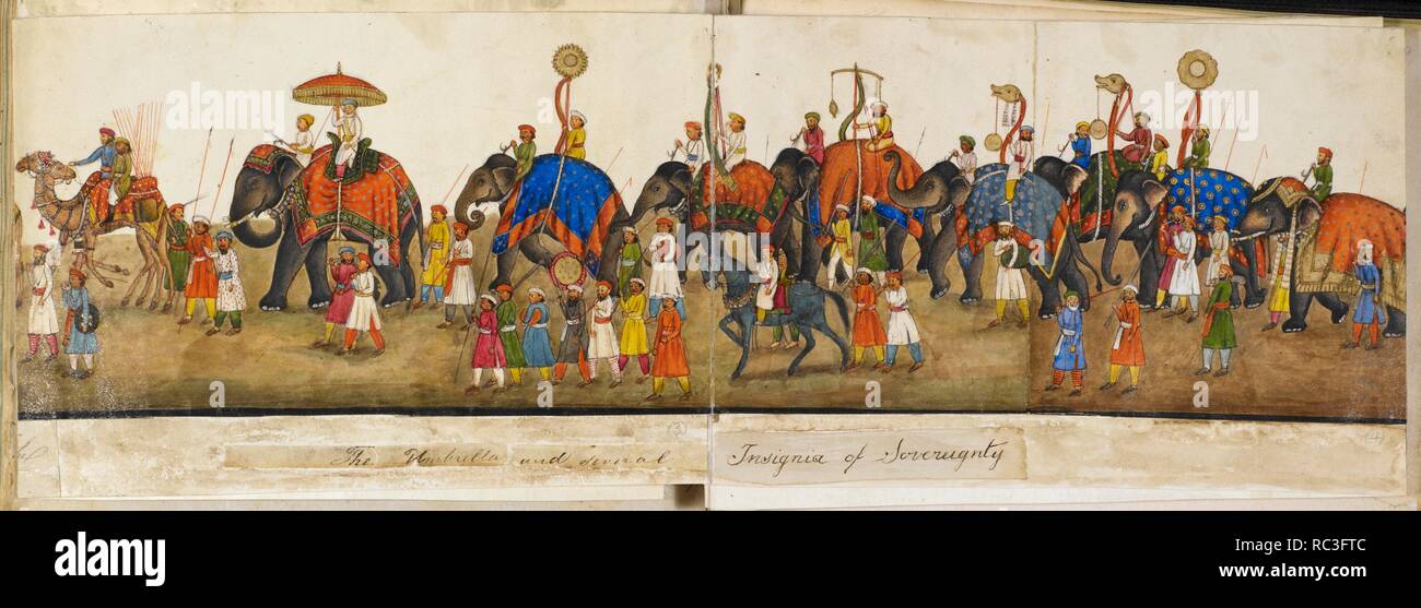 Processional panorama. Reminiscences of Imperial Delhi. The 'Delhi Book' of Sir Thomas Theophilus Metcalfe. 1842 - 1844. Opaque watercolour. Delhi style. Source: Add.Or.5475, f.59v, panels 3 and 4. Author: Mazhar â€˜Ali Khan. Stock Photo