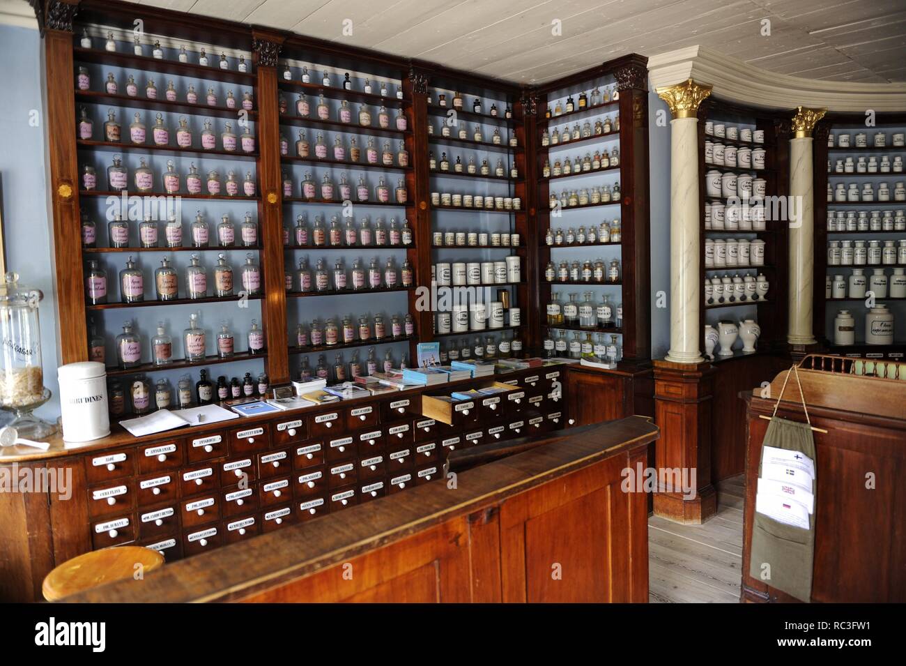 Finland. Turku. Pharmacy Museum and the Qwensel house, built in the 1700s in an area reserved for the nobility. A pharmacy from the 19th century has been furnished in the shop wing of the building. Collection of pharmacy utensils on display. Stock Photo