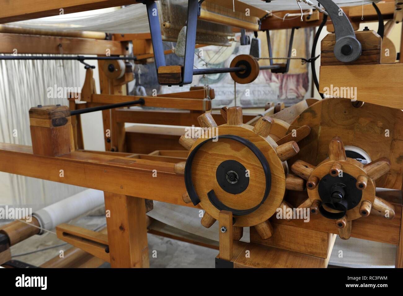 Renaissance. Study of Leonardo da Vinci. Weaving machines. Mechanical loom. 15th century. Model. Detail. The Science and Technology Museum Leonardo da Vinci. Milan. Italy. Stock Photo