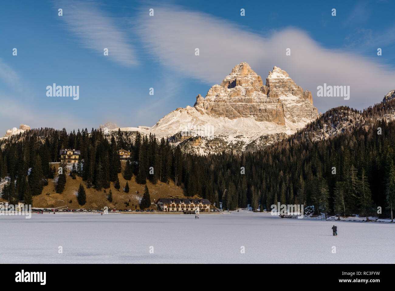4 january 2019 (Misurina, Italy) landscape of the iced Misurina lake. On the background the south side of the Three Peaks of Lavaredo Stock Photo