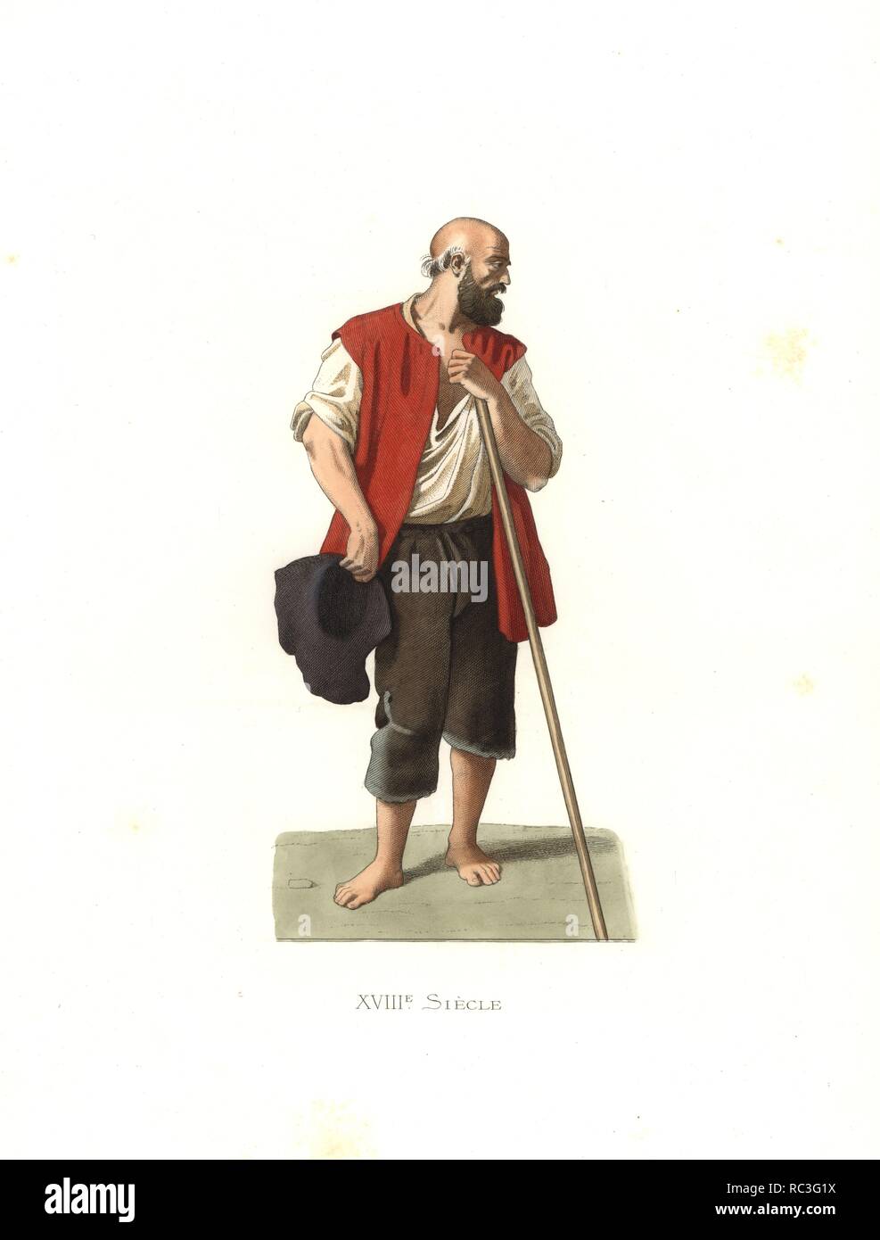 Peasant of Lombardi, Italy, 18th century, from a painting by Francois Londonio. Handcolored illustration by E. Lechevallier-Chevignard, lithographed by A. Didier, L. Flameng, F. Laguillermie, from Georges Duplessis's 'Costumes historiques des XVIe, XVIIe et XVIIIe siecles' (Historical costumes of the 16th, 17th and 18th centuries), Paris 1867. The book was a continuation of the series on the costumes of the 12th to 15th centuries published by Camille Bonnard and Paul Mercuri from 1830. Georges Duplessis (1834-1899) was curator of the Prints department at the Bibliotheque nationale. Edmond Lech Stock Photo