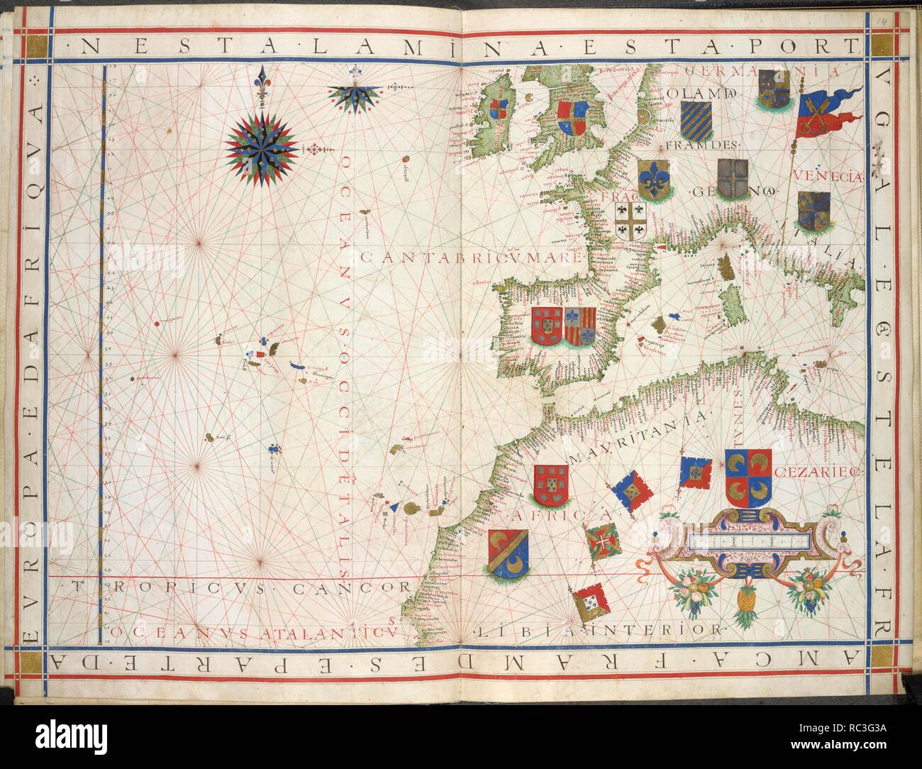 Chart of Western Europe. Universalis Orbis Hydrographia. Portugal; 1573. [Whole chart] Chart of Western Europe, from the British isles, the eastern Altlantic with the Canary islands and Azores; the Iberian peninsula and the western Mediterranean Sea to Italy, and the north west coast of Africa. Decoraed with heraldic coats of arms  Image taken from Universalis Orbis Hydrographia.  Originally published/produced in Portugal; 1573. . Source: Add. 31317, ff.13v-14. Language: Portuguese. Stock Photo
