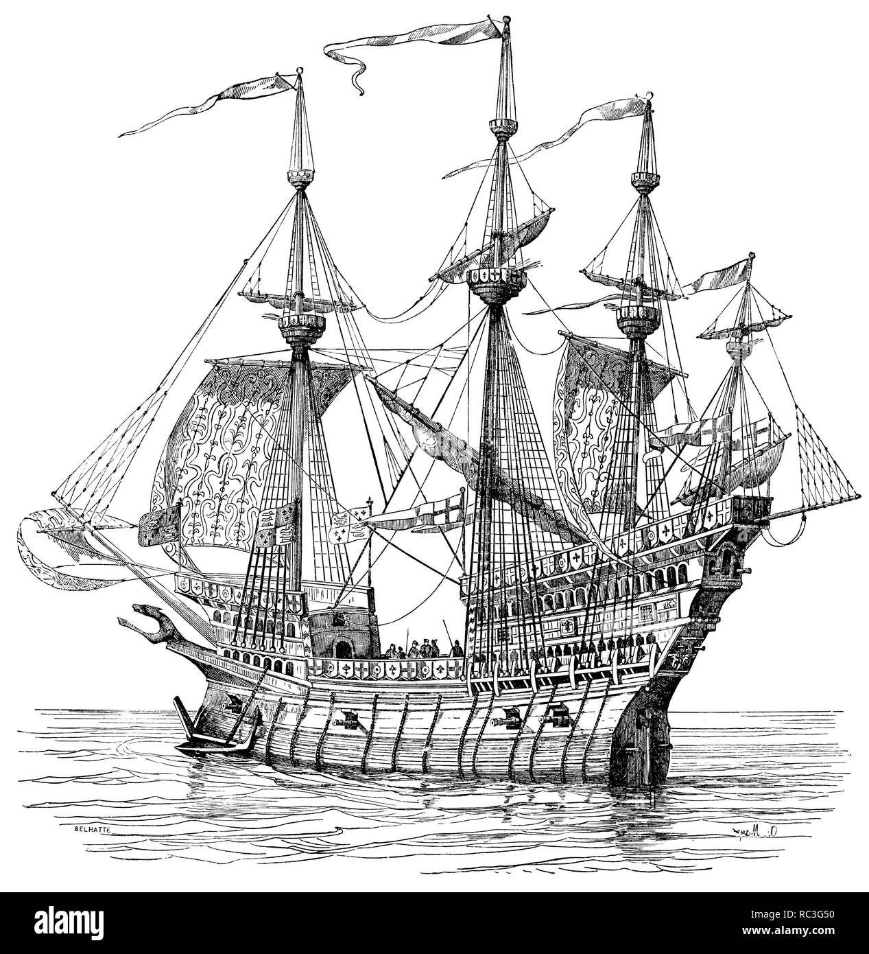 Carraca. Barco de guerra del rey Enrique VIII de Inglaterra, de 1520. Facsímil de 1877. Stock Photo