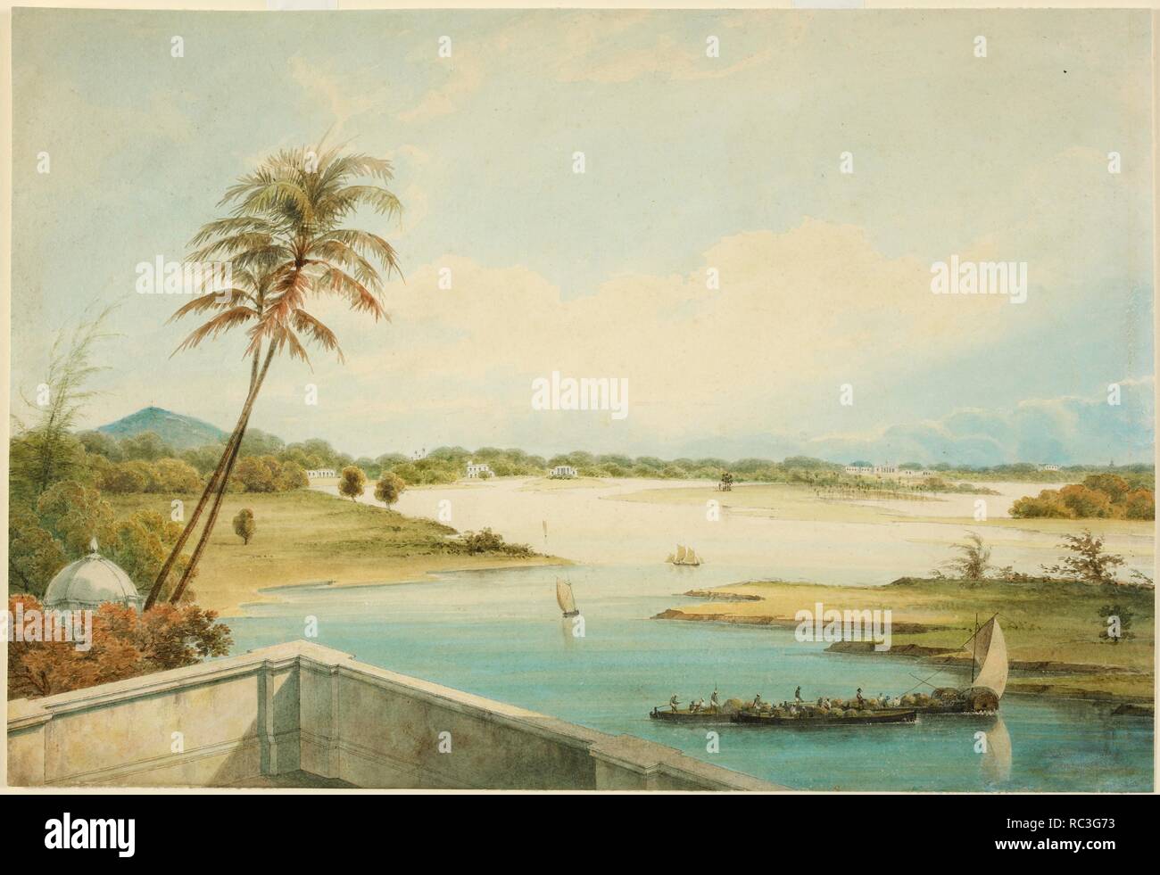 The Adyar River; in the distance St. Thomas's Mount and garden houses beside the river; in the foreground a terrace and country boat. 1836. Water-colour; 12 by 17.25 ins. Source: WD 2777. Author: Gantz, Justinian. Stock Photo