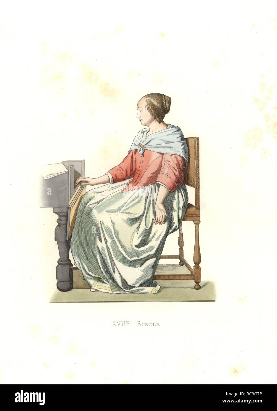Woman of quality seated at a spinet, Holland, 17th century. From a painting by Gabriel Metzu in the Louvre. Handcolored illustration by E. Lechevallier-Chevignard, lithographed by A. Didier, L. Flameng, F. Laguillermie, from Georges Duplessis's 'Costumes historiques des XVIe, XVIIe et XVIIIe siecles' (Historical costumes of the 16th, 17th and 18th centuries), Paris 1867. The book was a continuation of the series on the costumes of the 12th to 15th centuries published by Camille Bonnard and Paul Mercuri from 1830. Georges Duplessis (1834-1899) was curator of the Prints department at the Bibliot Stock Photo