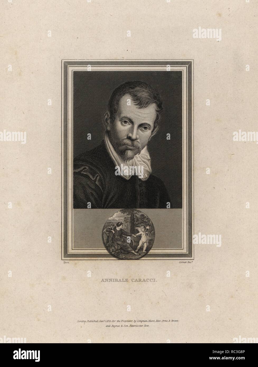 Self portrait of Annibale Caracci (1560-1609), Italian history artist. . Steel engraving by John Corner from 'Portraits of Celebrated Painters with Medallions from their Best Performances' 1825. Stock Photo