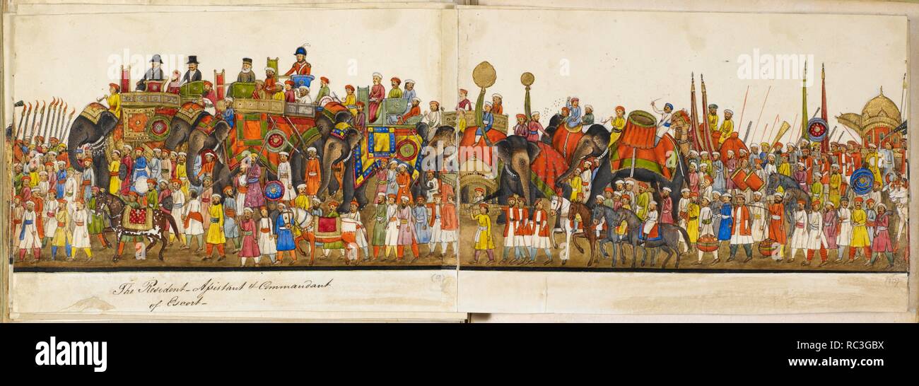 Processional panorama. Reminiscences of Imperial Delhi. The 'Delhi Book' of Sir Thomas Theophilus Metcalfe. 1842 - 1844. Opaque watercolour. Delhi style. Source: Add.Or.5475, f.59v, panels 9 and 10. Author: Mazhar â€˜Ali Khan. Stock Photo