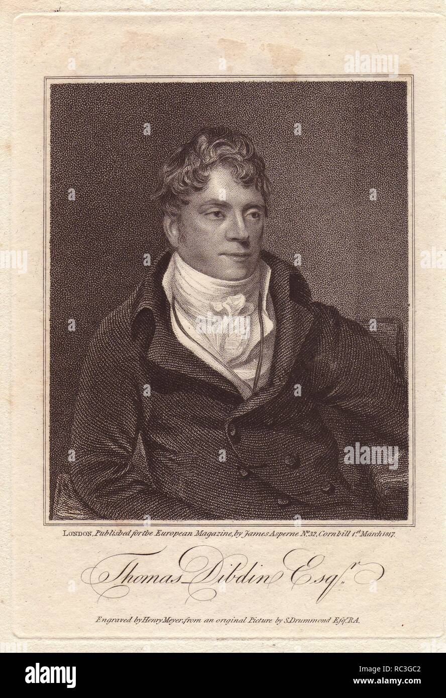 Mr. Thomas Dibdin (1771-1841), English dramatist and songwriter.. Engraved by Henry Mayer from an original painting by S. Drummond, published in the European Magazine, 1817. Stock Photo
