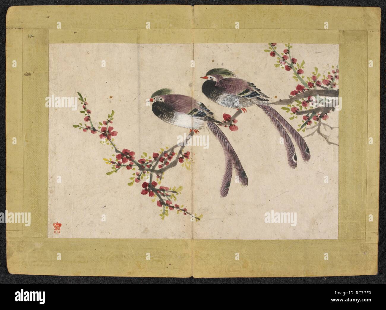 Long-tailed birds on plum tree branch. Kyomjae hwachop [Album of paintings by Kyomjae]. Korea, mid-18th century. Source: Or. 5713, ff.11v-12. Language: Korean. Stock Photo