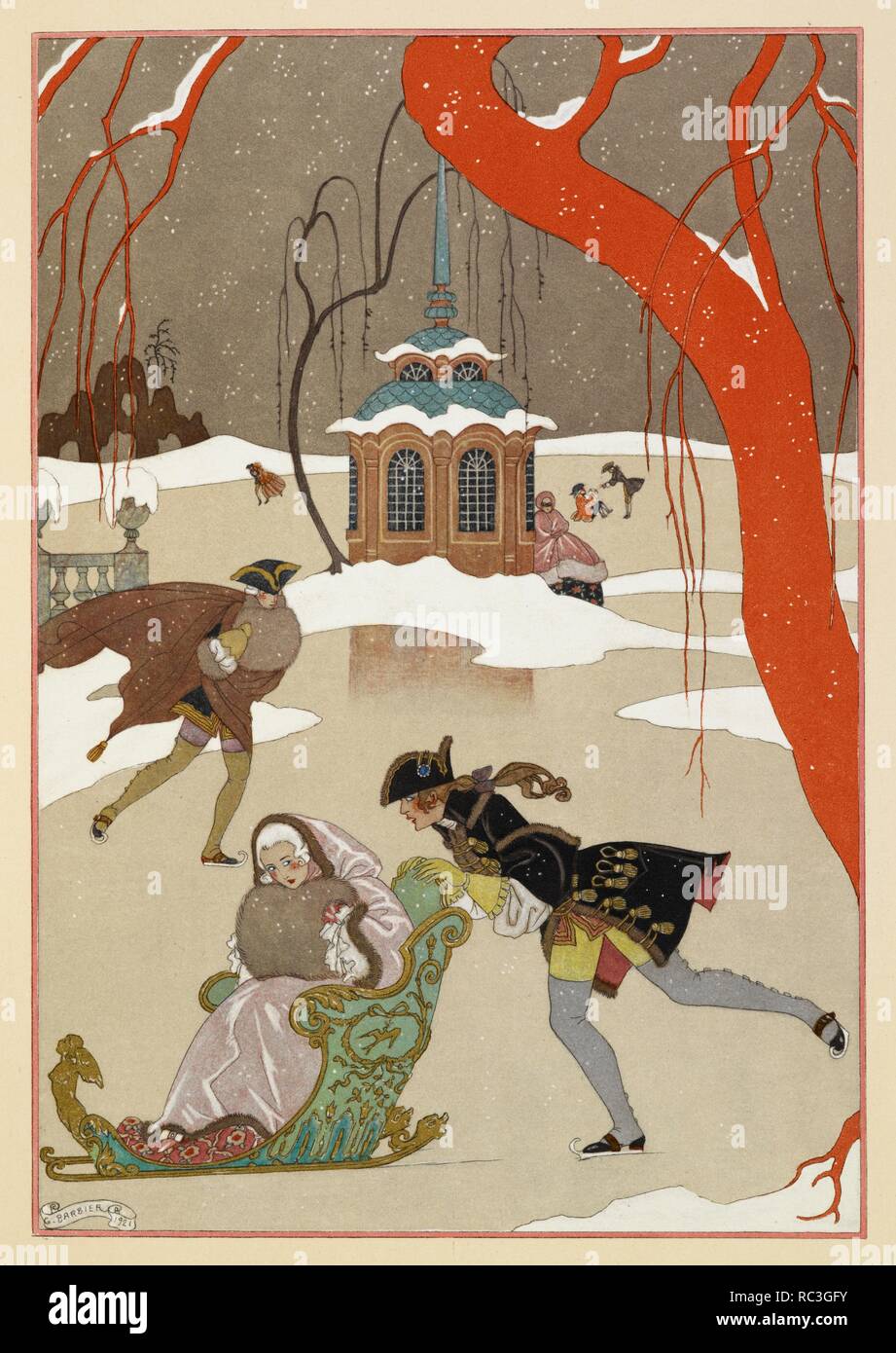 'En patinant'. People ice skating. A woman seated in a sled. FÃªtes galantes. [PoÃ¨mes]. Illustrations de George Barbier. Paris: H. Piazza, 1928. A winter scene. FÃªtes Galantes is an album consisting of romantic prints of French life among the upper classes of the 19th century. Rich aristocrats of the French court used to play gallant scenes from the commedia dellâ€™ arte that were called Fetes Galantes. The prints accompany Paul Verlaine's poetry. Each album contains 20 lithograph prints with pochoir highlighting by George Barbier. Source: L.45/2847. Language: French. Stock Photo