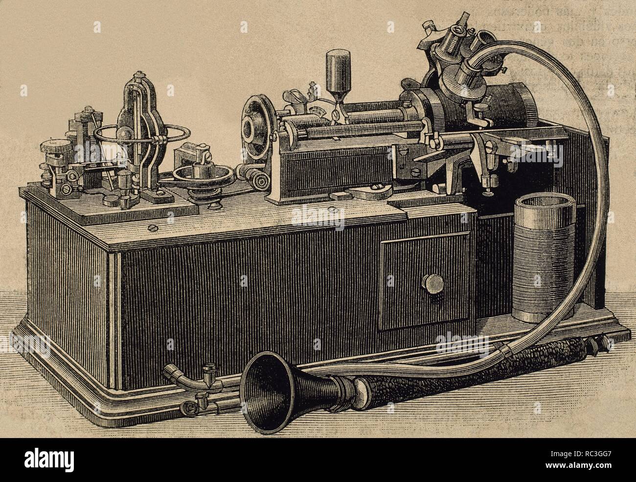 Phonograph invented in 1877 by Thomas Alva Edison (1847-1931).  Engraving, 19th century. Stock Photo