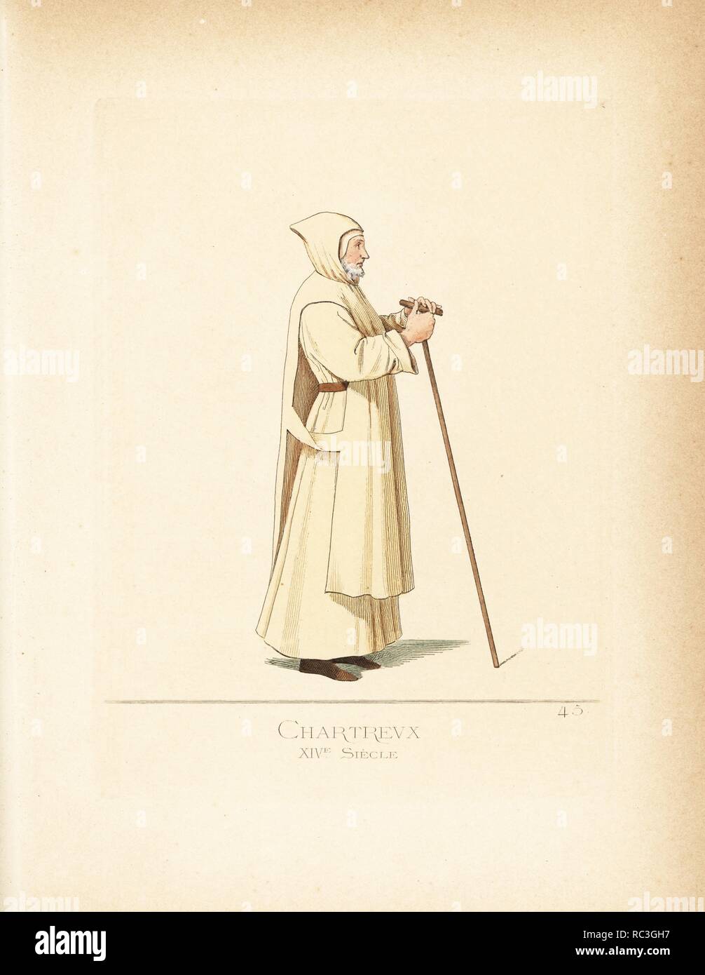 Carthusian monk, Order of Saint Bruno, 14th century. He wears a hood, cape and tunic in white linen, and holds a walking stick. From a painting by Ambrogio Lorenzetti. Handcoloured illustration drawn and lithographed by Paul Mercuri with text by Camille Bonnard from 'Historical Costumes from the 12th to 15th Centuries,' Levy Fils, Paris, 1860. Stock Photo