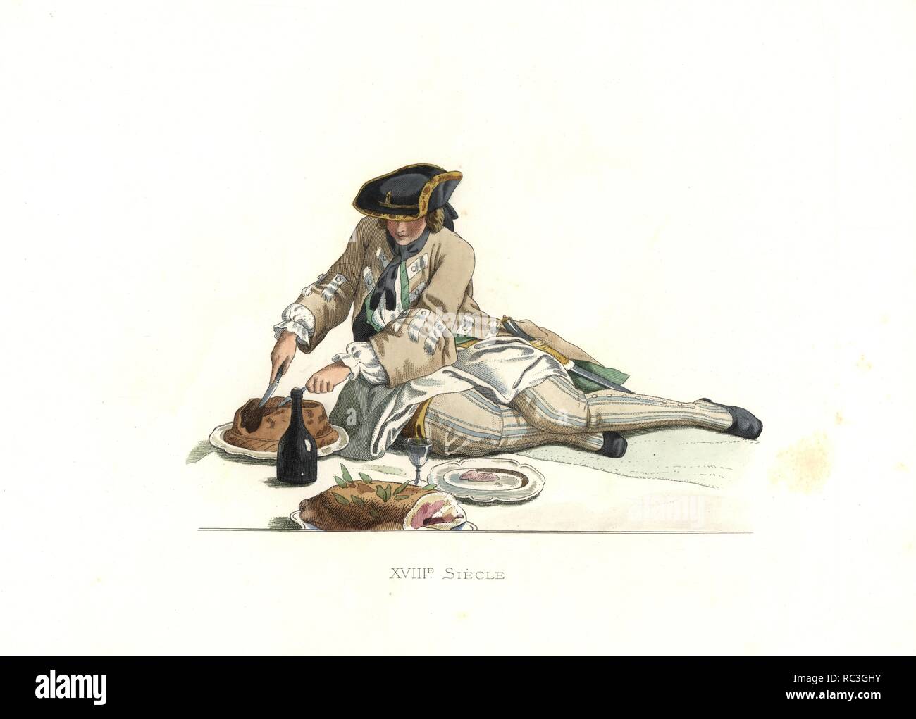 Gentleman in hunting clothes, France, 18th century, from a painting by Carle Vanloo. Handcolored illustration by E. Lechevallier-Chevignard, lithographed by A. Didier, L. Flameng, F. Laguillermie, from Georges Duplessis's 'Costumes historiques des XVIe, XVIIe et XVIIIe siecles' (Historical costumes of the 16th, 17th and 18th centuries), Paris 1867. The book was a continuation of the series on the costumes of the 12th to 15th centuries published by Camille Bonnard and Paul Mercuri from 1830. Georges Duplessis (1834-1899) was curator of the Prints department at the Bibliotheque nationale. Edmond Stock Photo