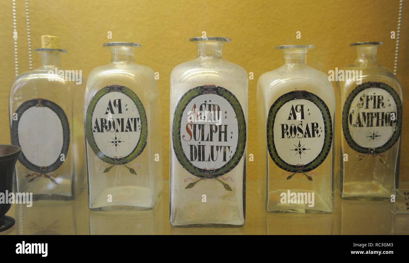 Pharmaceutical glass containers. 1700. Pharmacy Museum. Turku. Finland