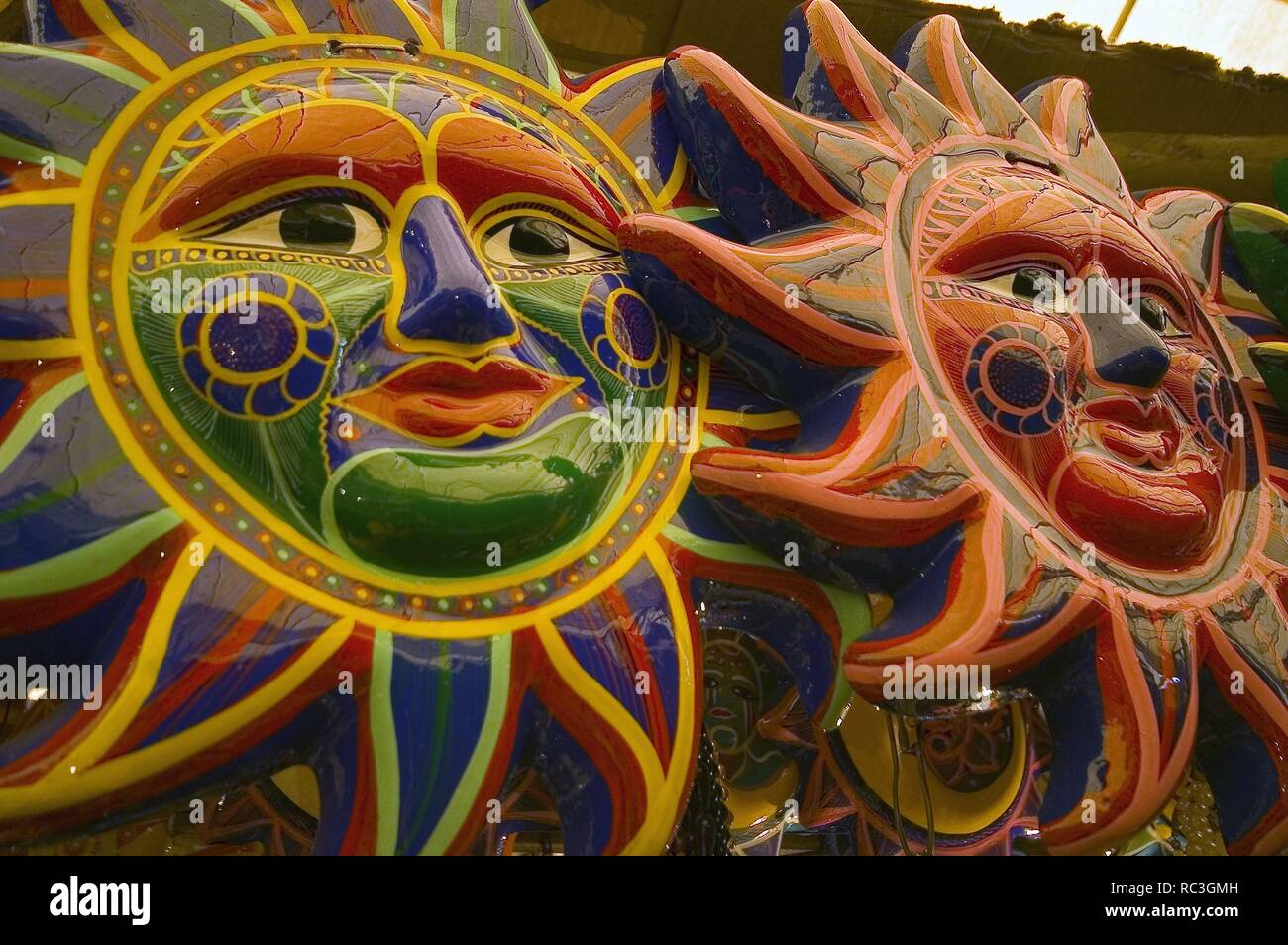 Soles de ceramica pintada. Mercado de Cuernavaca. Estado de Morelos.Mexico. Stock Photo