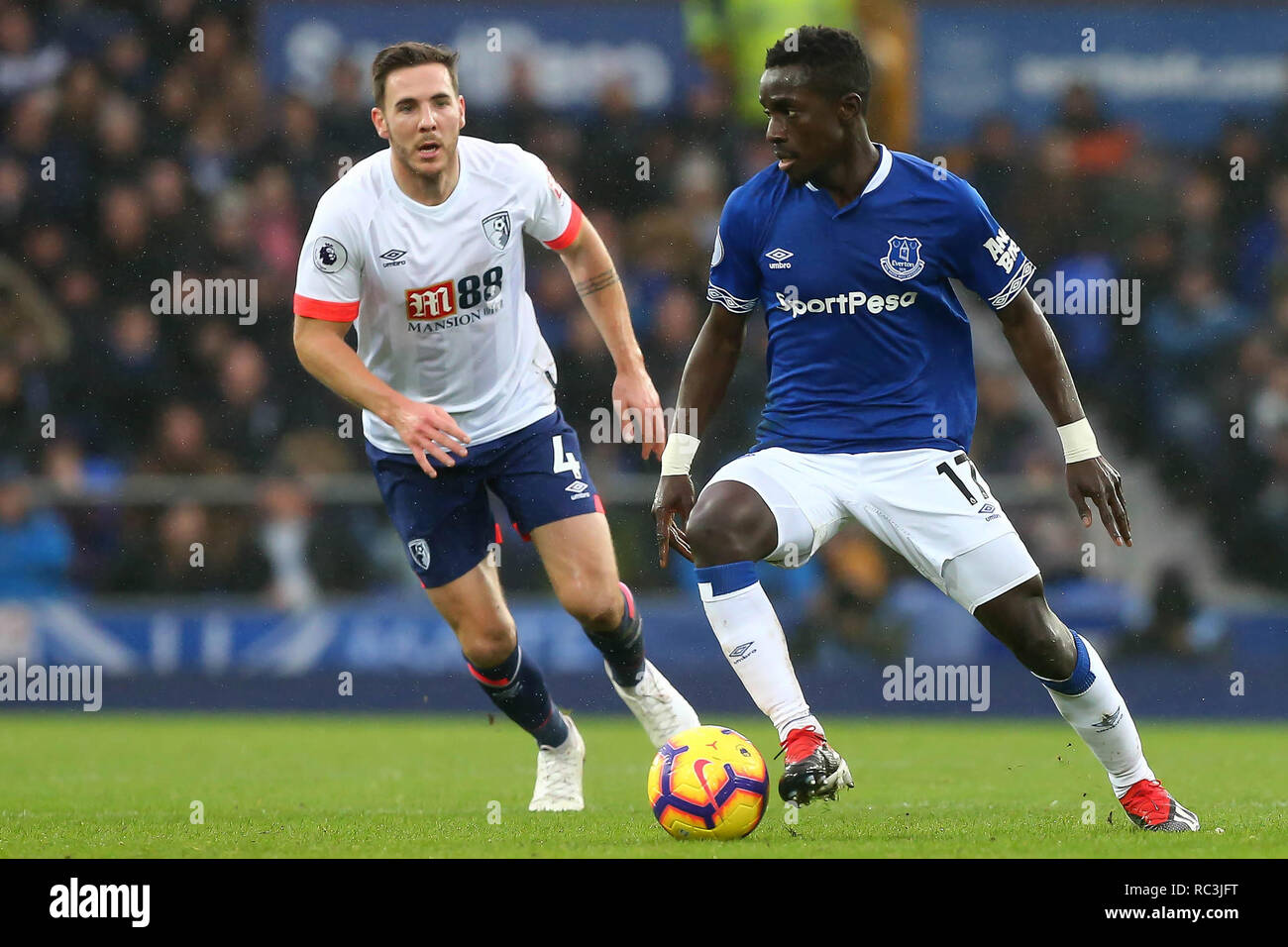 Liverpool, UK. 13th January 2019. Idrissa Gana Gueye of Everton during the Premier League match between Everton and Bournemouth at Goodison Park on January 13th 2019 in Liverpool, England.Editorial use only, licence required for commercial use. No use in Betting, games or a single club/league/player publication. (Photo by Tony Taylor/phcimages.com) Credit: PHC Images/Alamy Live News Stock Photo