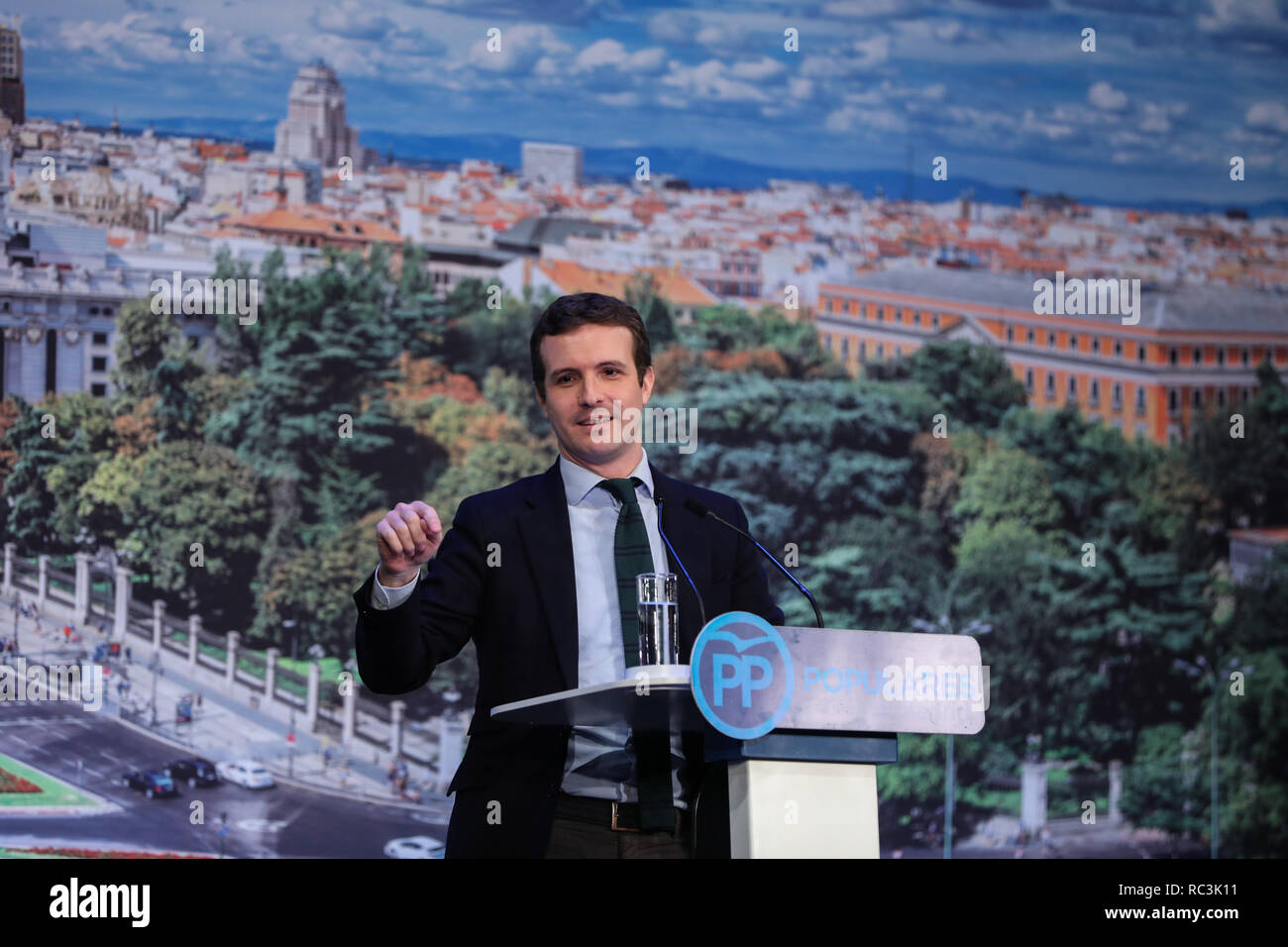 Madrid, Spain. 13th Janaury 2019. PABLO CASADO, President of the National Popular Party speaking in the act. The PP of Madrid has celebrated this Sunday a multitudinous act in the theater Goya the presentation of José Luis Martínez-Almeida and Isabel Díaz Ayuso that will be the candidates of the PP to the City council and the Community of Madrid, respectively, for the next regional and local elections of May on Jan 13, 2019 in Madrid, Spain Credit: Jesús Hellin/Alamy Live News Stock Photo