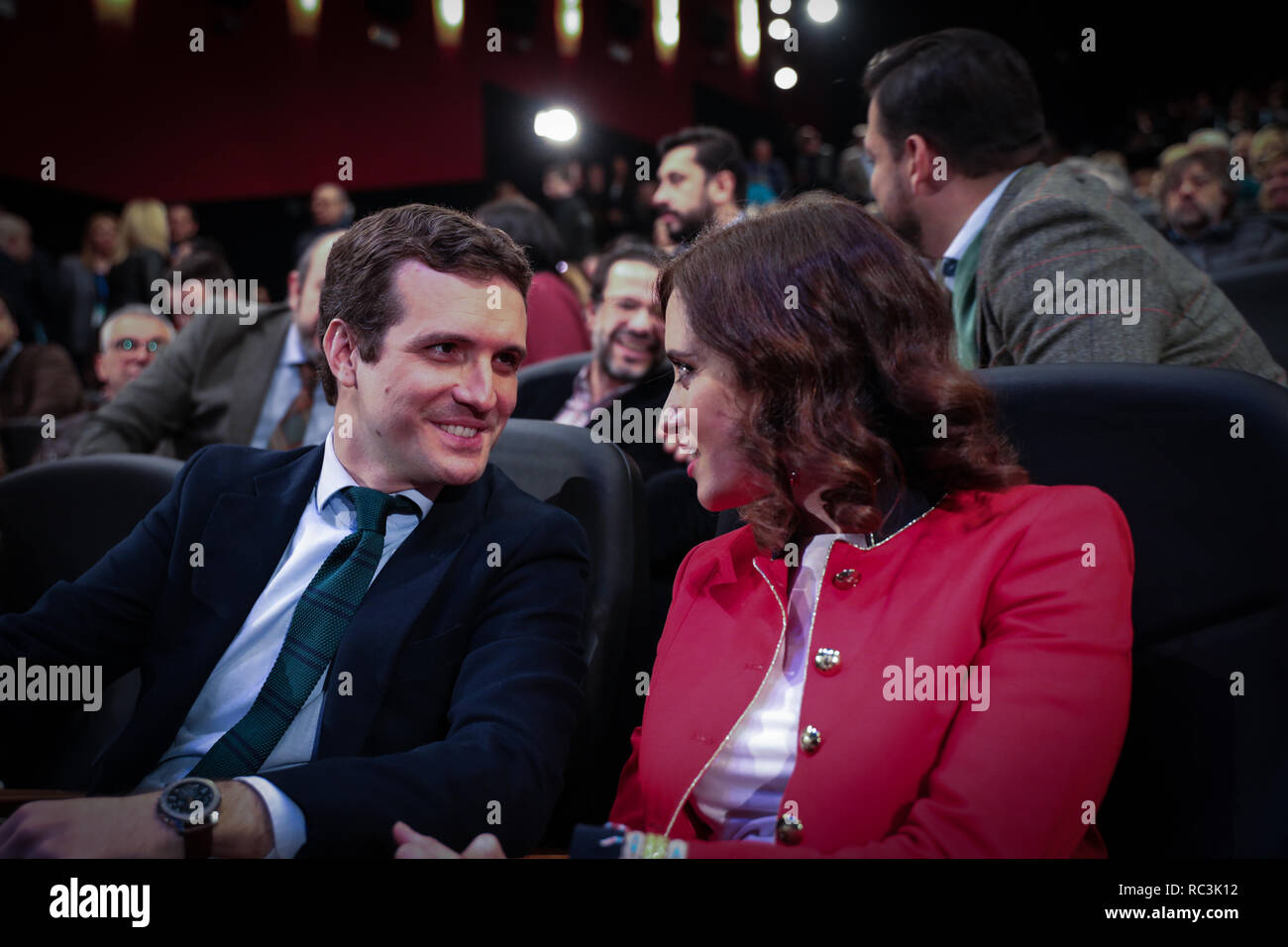 Madrid, Spain. 13th Janaury 2019. PABLO CASADO, President of the National Popular Party and ISABEL DIAZ AYUSO, Candidate for Mayor of Madrid City Council attending the act. The PP of Madrid has celebrated this Sunday a multitudinous act in the theater Goya the presentation of José Luis Martínez-Almeida and Isabel Díaz Ayuso that will be the candidates of the PP to the City council and the Community of Madrid, respectively, for the next regional and local elections of May on Jan 13, 2019 in Madrid, Spain Credit: Jesús Hellin/Alamy Live News Stock Photo