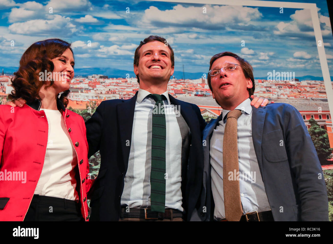 Madrid, Spain. 13th Janaury 2019. ISABEL DIAZ AYUSO, Candidate for Mayor of Madrid City Council, PABLO CASADO, President of the National Popular Party and JOSE LUIS MARTINES-ALMEIDA, Candidate for President of the Community of Madrid greeting the attendees. The PP of Madrid has celebrated this Sunday a multitudinous act in the theater Goya the presentation of José Luis Martínez-Almeida and Isabel Díaz Ayuso that will be the candidates of the PP to the City council and the Community of Madrid, respectively, for the next regional and local elections of May.Credit: Jesús Hellin/Alamy Live News Stock Photo