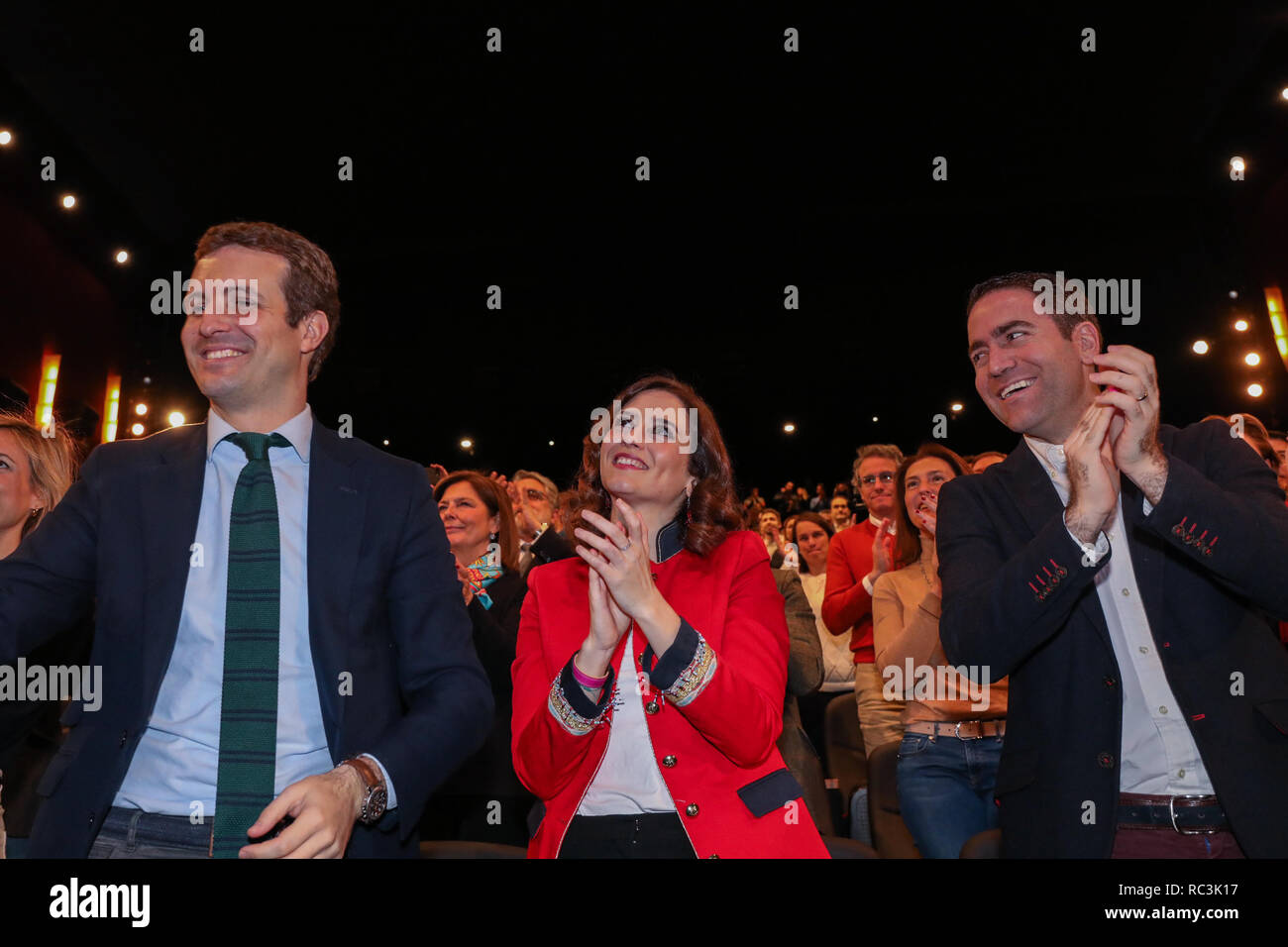 Madrid, Spain. 13th Janaury 2019. PABLO CASADO, Presidente del Partido Popular nacional, ISABEL DIAZ AYUSO, Candidata a Alcaldesa del Ayuntamiento de Madrid and TEODORO GARCIA EGEA, Secretario General del Partido Popular in the initial act of the presentation. The PP of Madrid has celebrated this Sunday a multitudinous act in the theater Goya the presentation of José Luis Martínez-Almeida and Isabel Díaz Ayuso that will be the candidates of the PP to the City council and the Community of Madrid, respectively, for the regional and local elections of May.Credit: Jesús Hellin/Alamy Live News Stock Photo