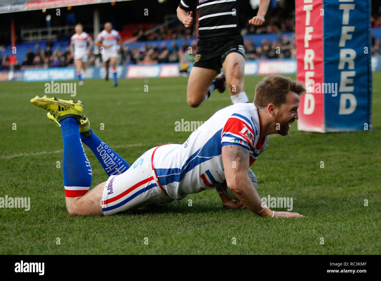 Wakefeild, West Yorkshire, UK. 13th Janaury 2019. The Mobile Rocket Stadium, Belle Vue, Wakefield, West Yorkshire, UK, 13th January 2019   Danny Kirmond  of Wakefield scores the try during Wakefield Trinity Wildcats vs Hull FC during Danny Kirmond and Danny Washbrook's Testimonial Rugby League Pre-season Friendly    Credit: Touchlinepics/Alamy Live News Credit: Stephen Gaunt/Alamy Live News Stock Photo