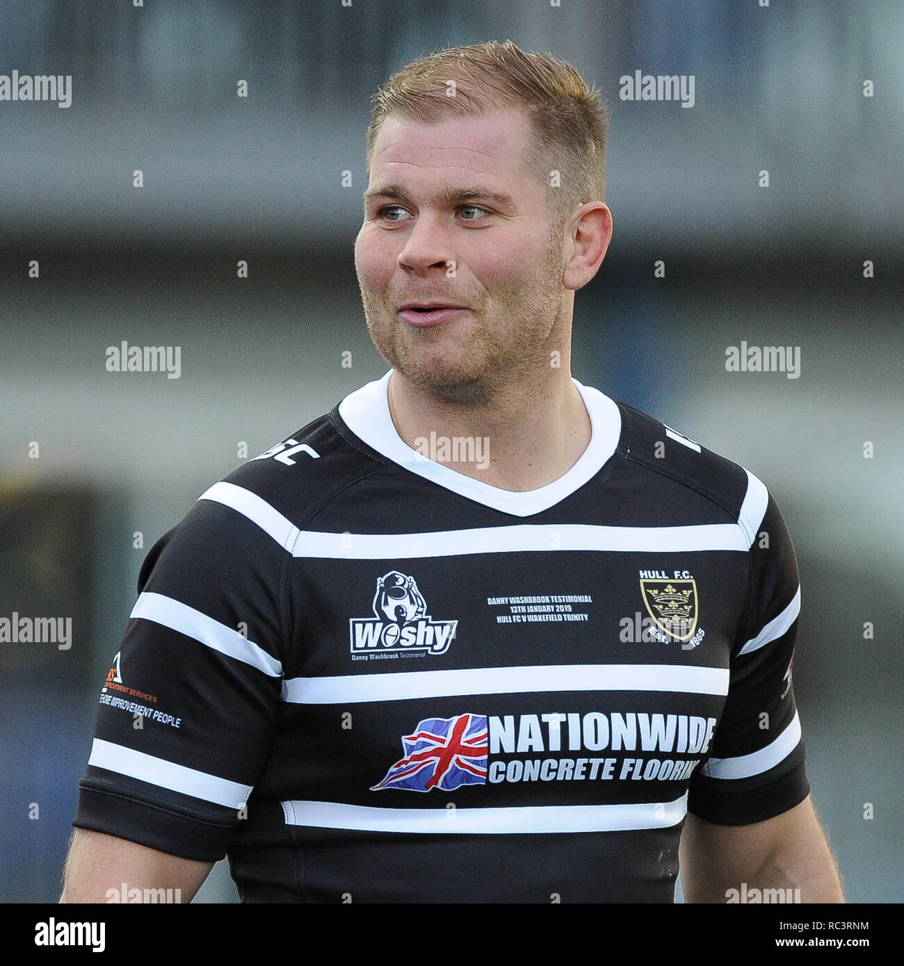 Wakefield, UK. 13 January 2019. Mobile Rocket Stadium, Wakefield, England; Rugby League Danny Kirmond and Danny Washbrook Testamonial, Wakefield Trinity vs Hull FC; Hull FC's Danny Washbrook leads out his teammates during his joint testimonial with Wakefield Trinity's Danny Kirmond. Credit: Dean Williams/Alamy Live News Stock Photo