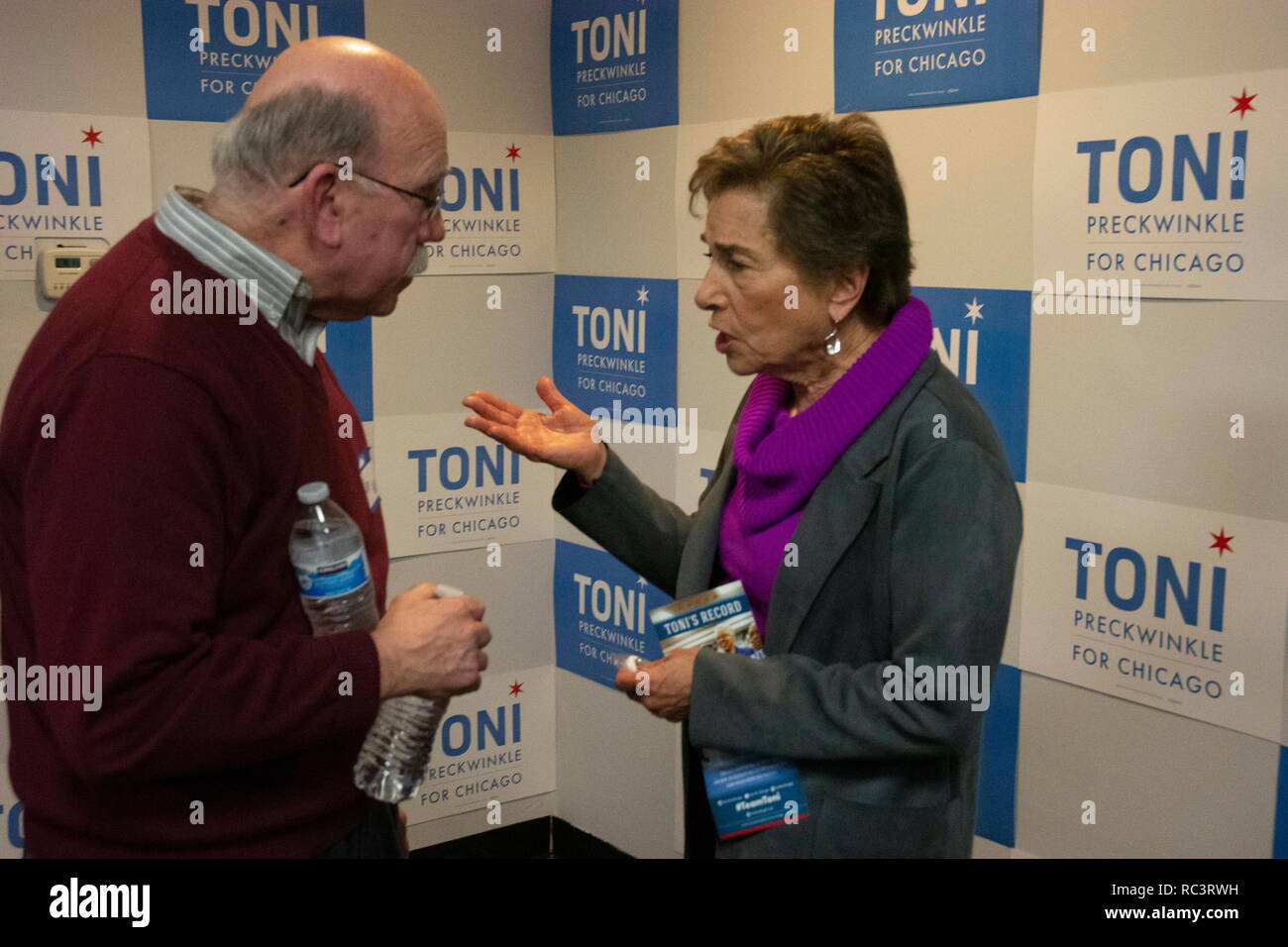 Chicago, Illinios, USA. 12th Jan, 2019. Jan Schakowski talks with a constituent at North side office opening of Chicago mayoral candidate Toni Preckwinkle. Credit: Karen I. Hirsch/ZUMA Wire/Alamy Live News Stock Photo