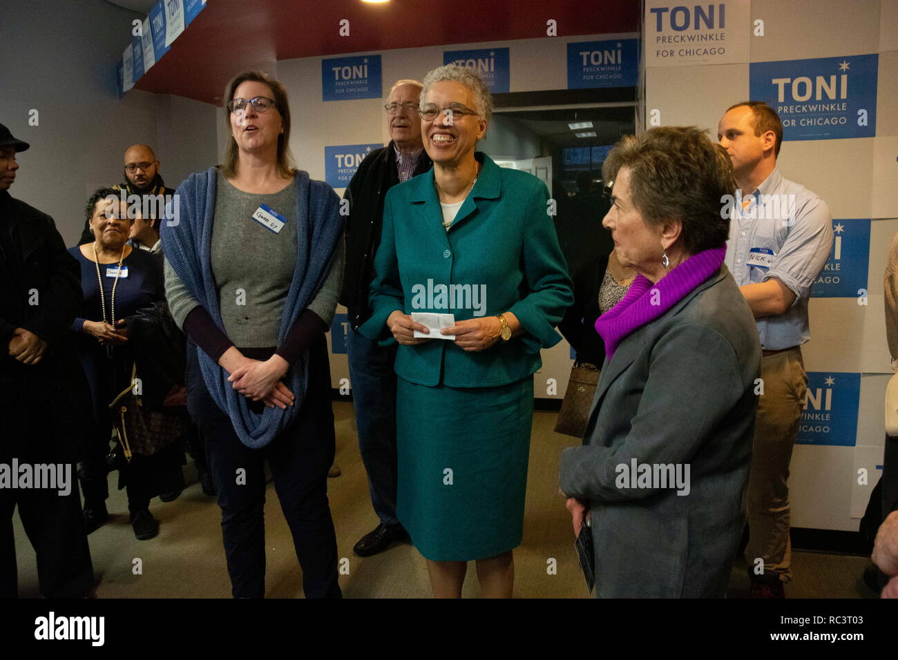 Chicago, Illinios, USA. 12th Jan, 2019. TONI PRECKWINKLE with supporters at the opening of her Northside campaign office in Chicago. Congresswoman Jan Schakowski on the right. Credit: Karen I. Hirsch/ZUMA Wire/Alamy Live News Stock Photo