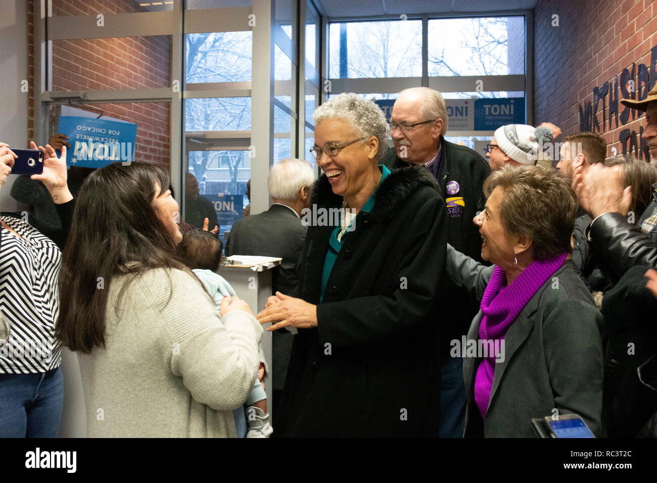Chicago, Illinios, USA. 12th Jan, 2019. Opening of North side office of Toni Preckwinkle running for mayor of Chicago. Toni Preckwinkle greets her supporters. Credit: Karen I. Hirsch/ZUMA Wire/Alamy Live News Stock Photo