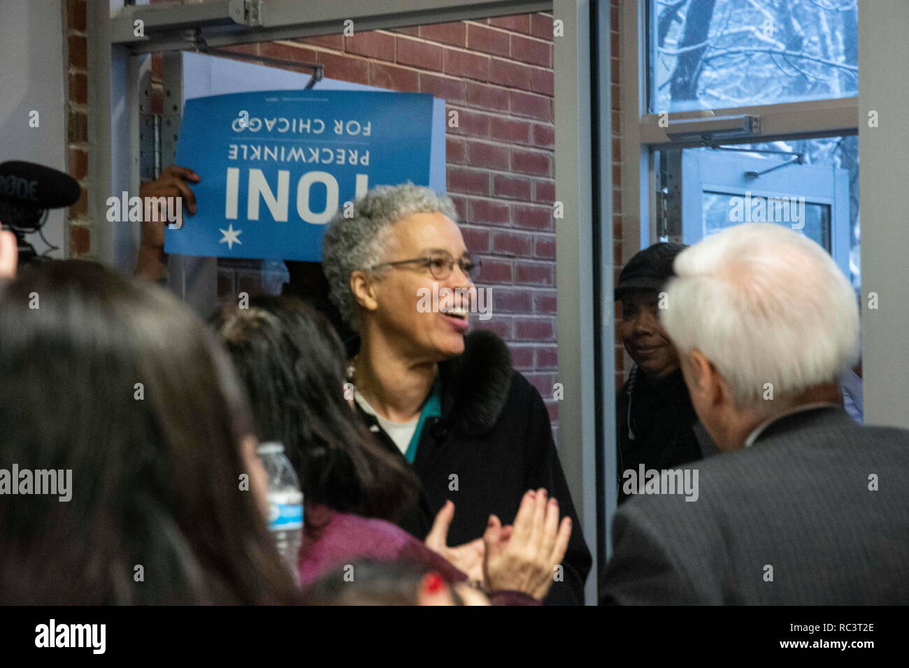 Chicago, Illinios, USA. 12th Jan, 2019. Opening of North side office of Toni Preckwinkle running for mayor of Chicago. Preckwinkle is greeted with applause when she walks through the door. Credit: Karen I. Hirsch/ZUMA Wire/Alamy Live News Stock Photo