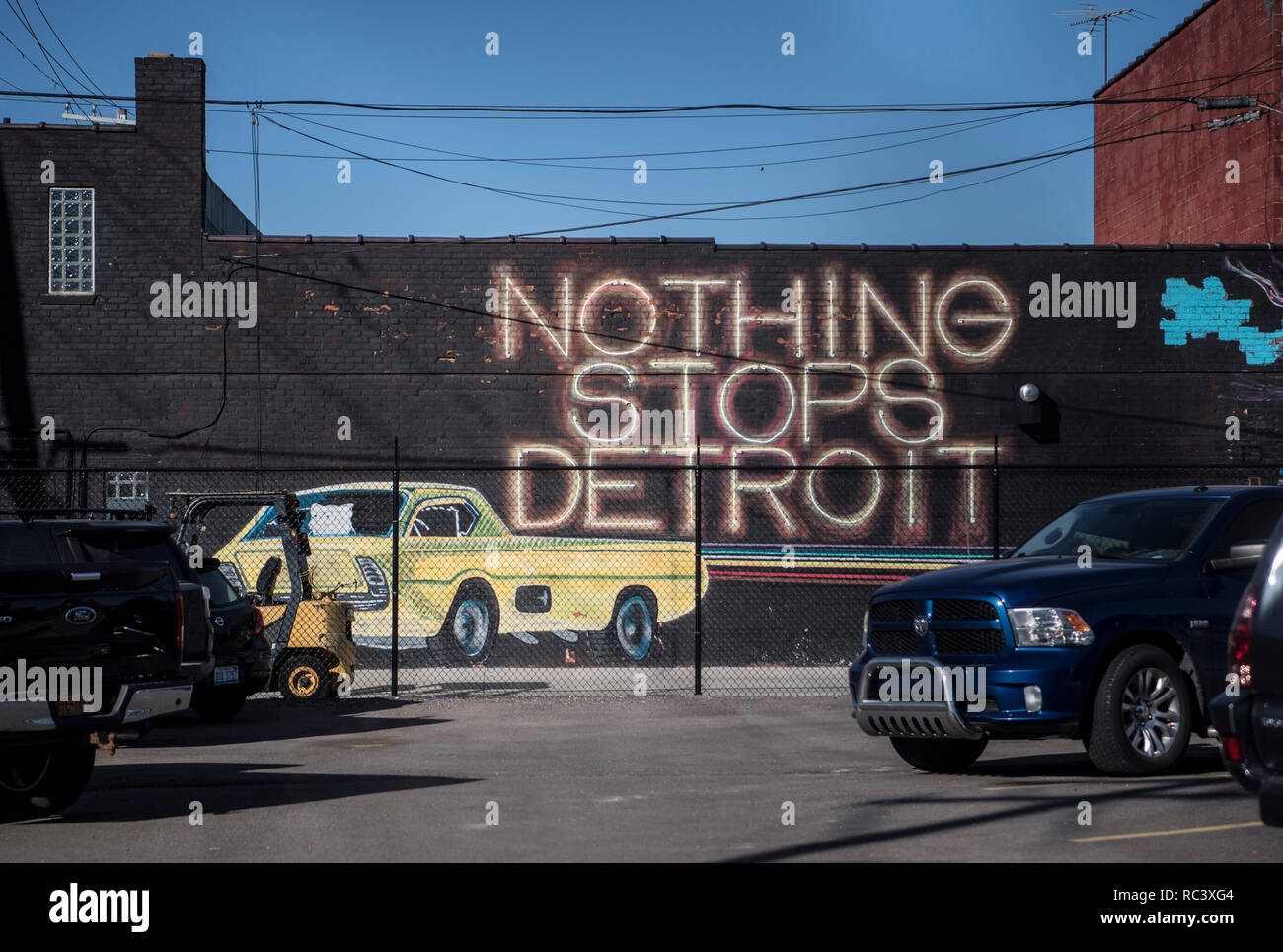 Detroit, USA. 13th Jan, 2019. 'Nothing stops Detroit' is written on a facade. With the decline of the car industry, the social problems of the city also grew. Credit: Boris Roessler/dpa/Alamy Live News Stock Photo