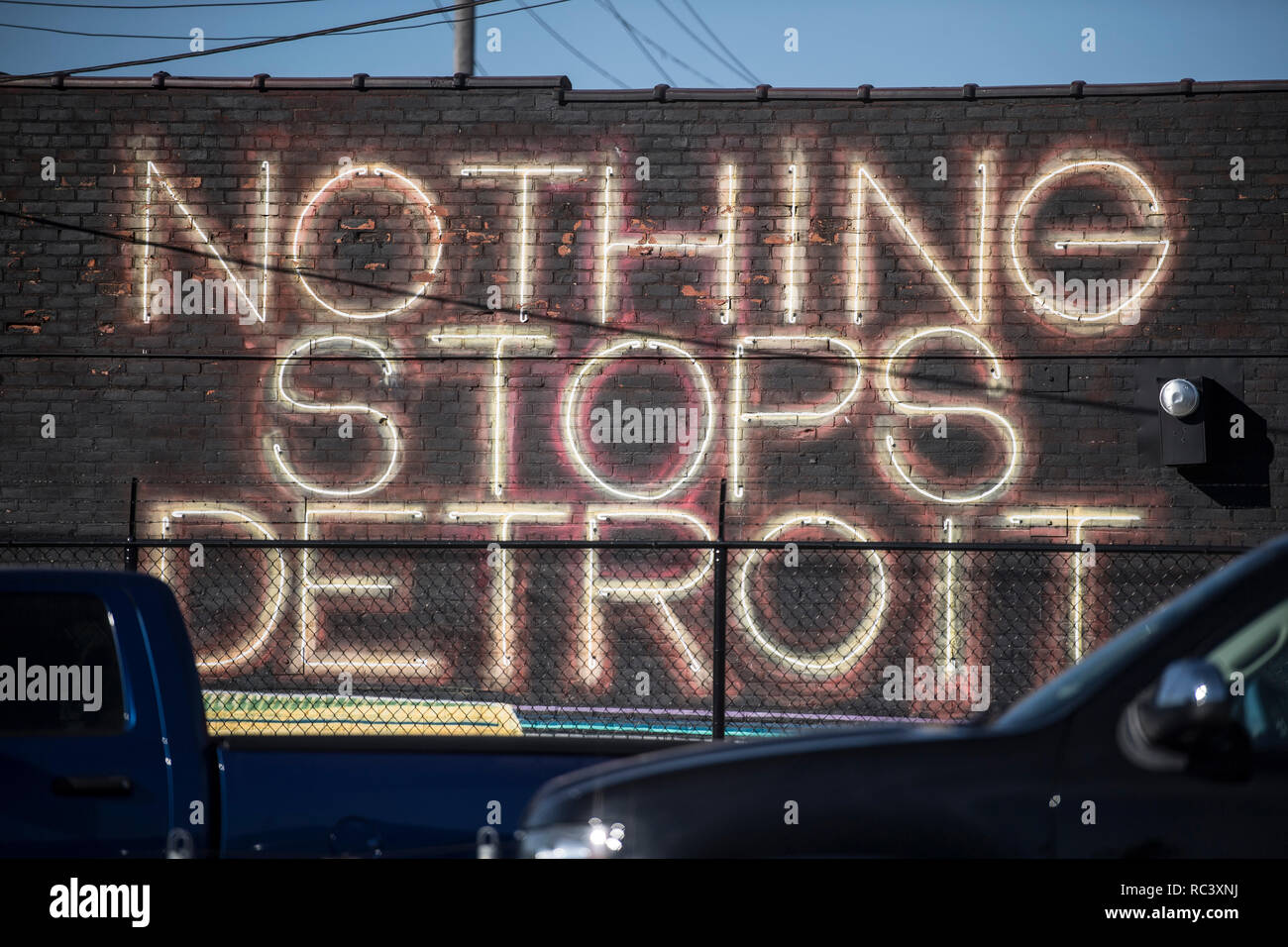 Detroit, USA. 13th Jan, 2019. 'Nothing stops Detroit' is written on a facade. With the decline of the car industry, the social problems of the city also grew. Credit: Boris Roessler/dpa/Alamy Live News Stock Photo