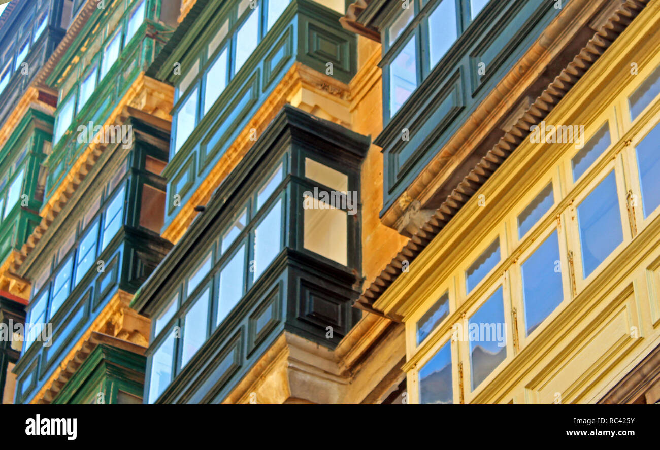 typical architecture of Malta: wooden green balconies in Valletta Stock Photo