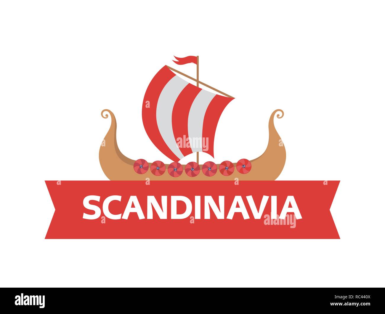 Flat logo emblem with Scandinavian drakkar - Vikings Ship and caption. War Boat of ancient norse warriors. Stock Vector