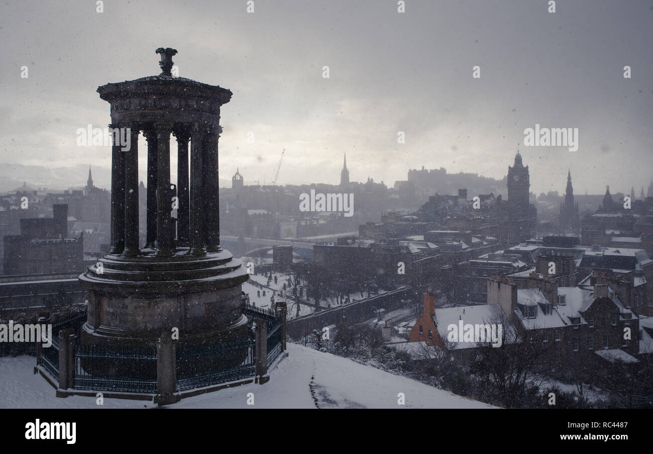 Huge snow storm in Edinburgh is making this usual composition unusual. Stock Photo