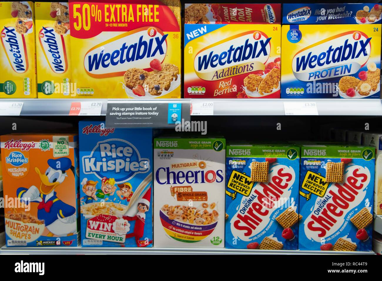 Breakfast cereals on sale in a supermarket shop in the UK Stock Photo -  Alamy